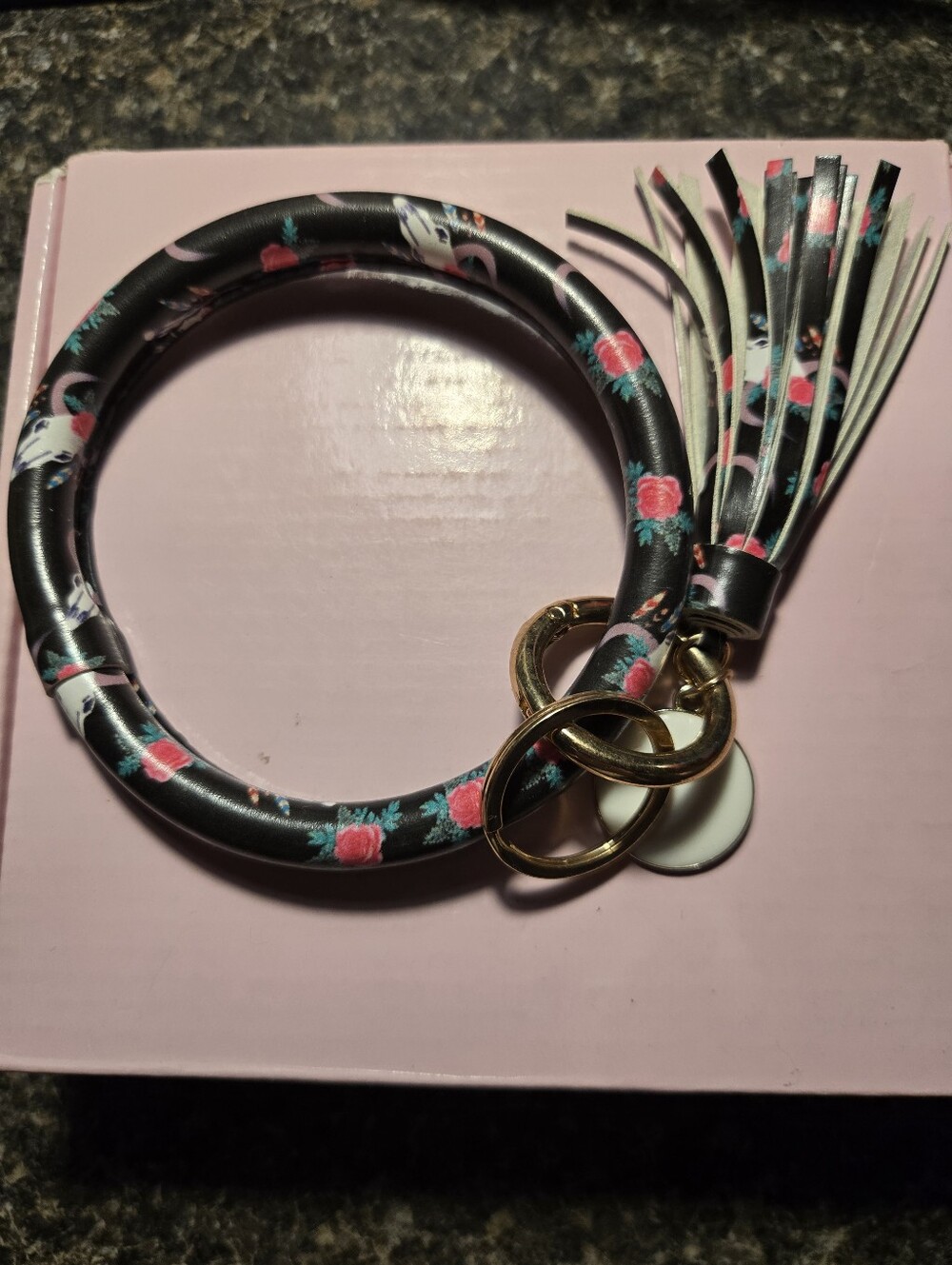 Floral Black & Pink Wristlet Keyring with Tassel